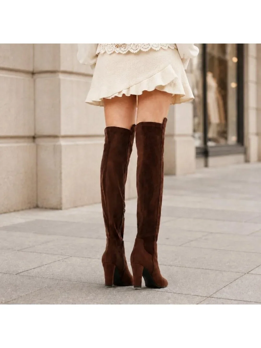 Women's Chocolate Faux Suede Chunky Heel Stretch Over The Knee Thigh High Boots